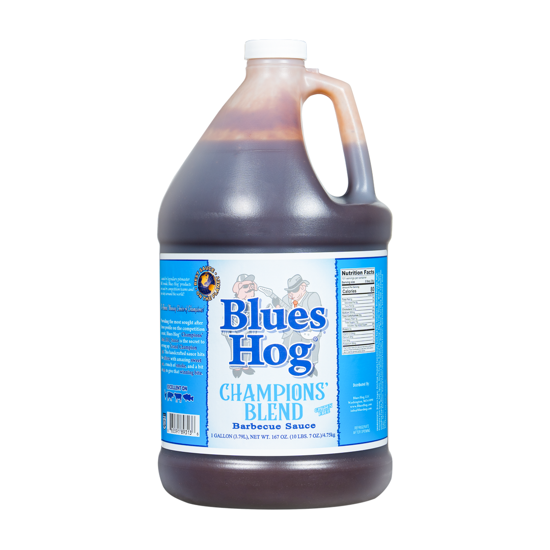 Front of a 1 gallon jug of Blues Hog Champions' Blend barbecue sauce