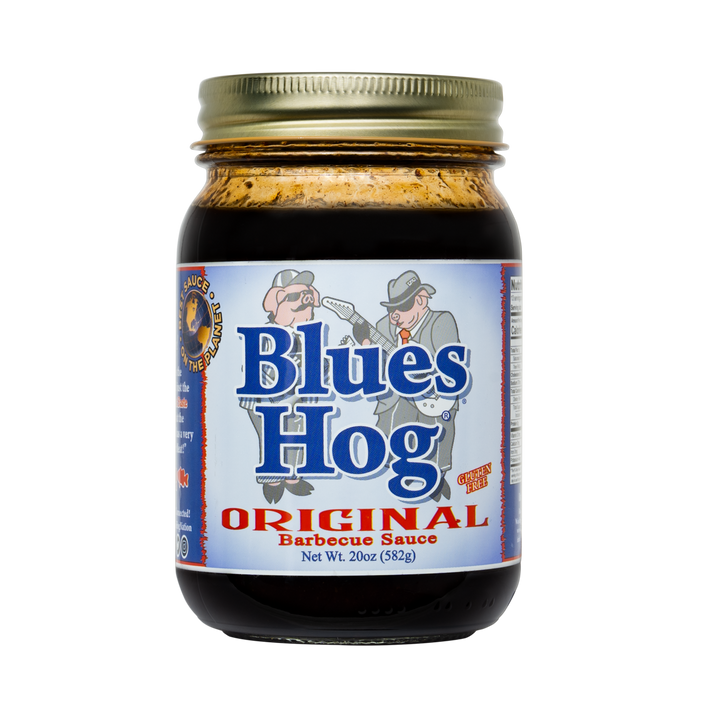 Front of a pint jar of Blues Hog Original barbecue sauce