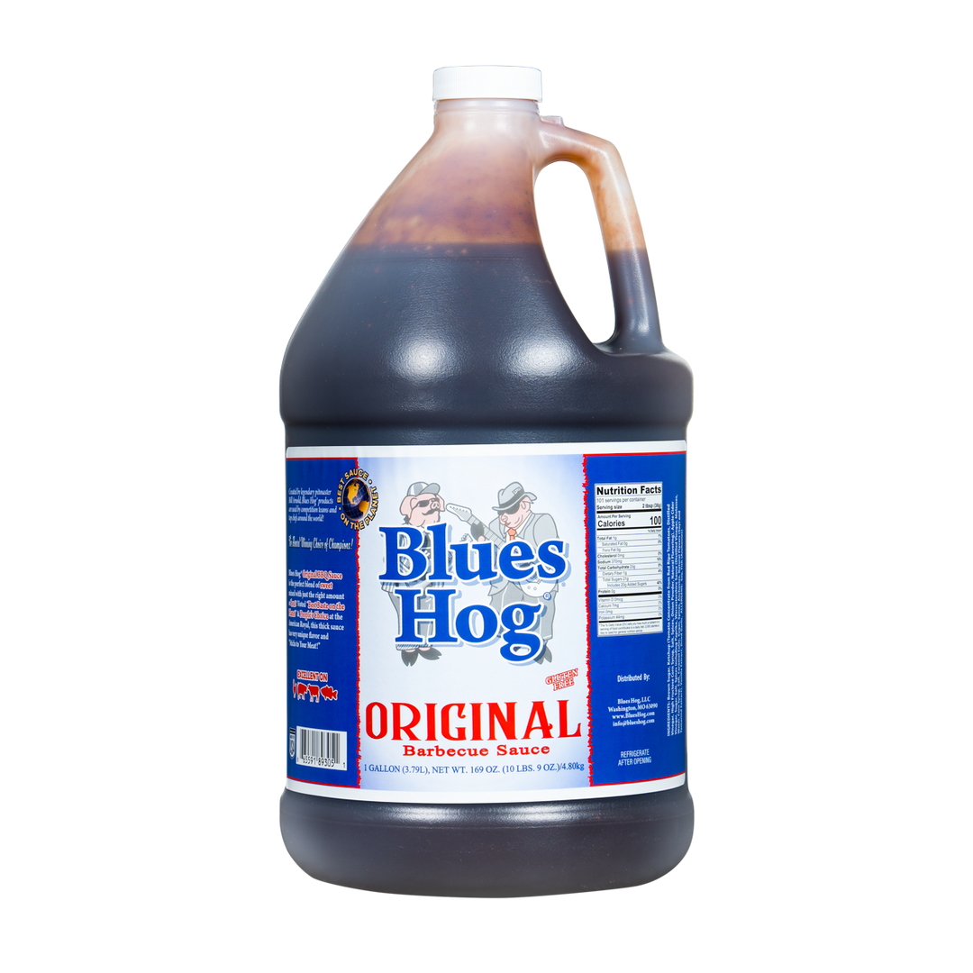 Front of a 1 gallon jug of Blues Hog Original barbecue sauce
