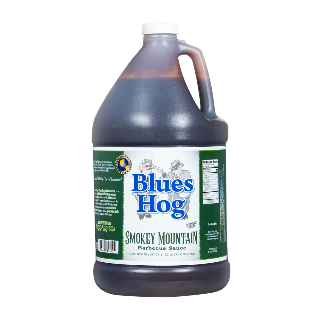 Front of a 1 gallon jug of Blues Hog Smokey Mountain barbecue sauce
