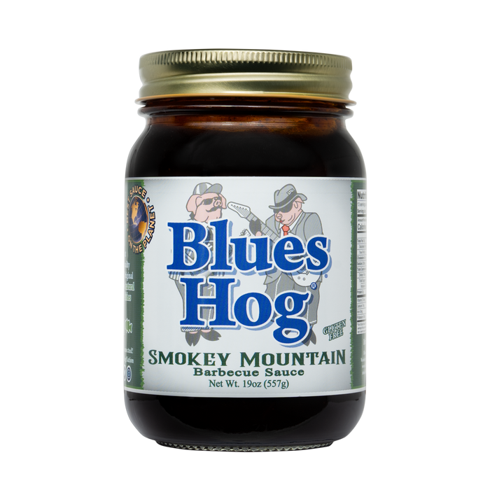 Front of a pint jar of Blues Hog Smokey Mountain barbecue sauce
